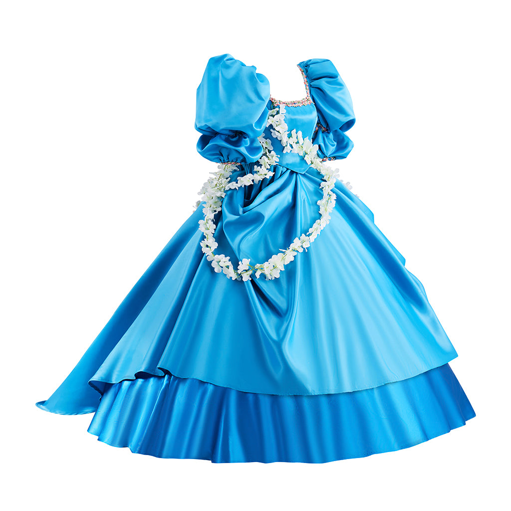 Rococo Light Blue Gown with Puff Sleeves Tiered Skirt and White Embellished Sash for Historical Reenactments Halloween Christmas