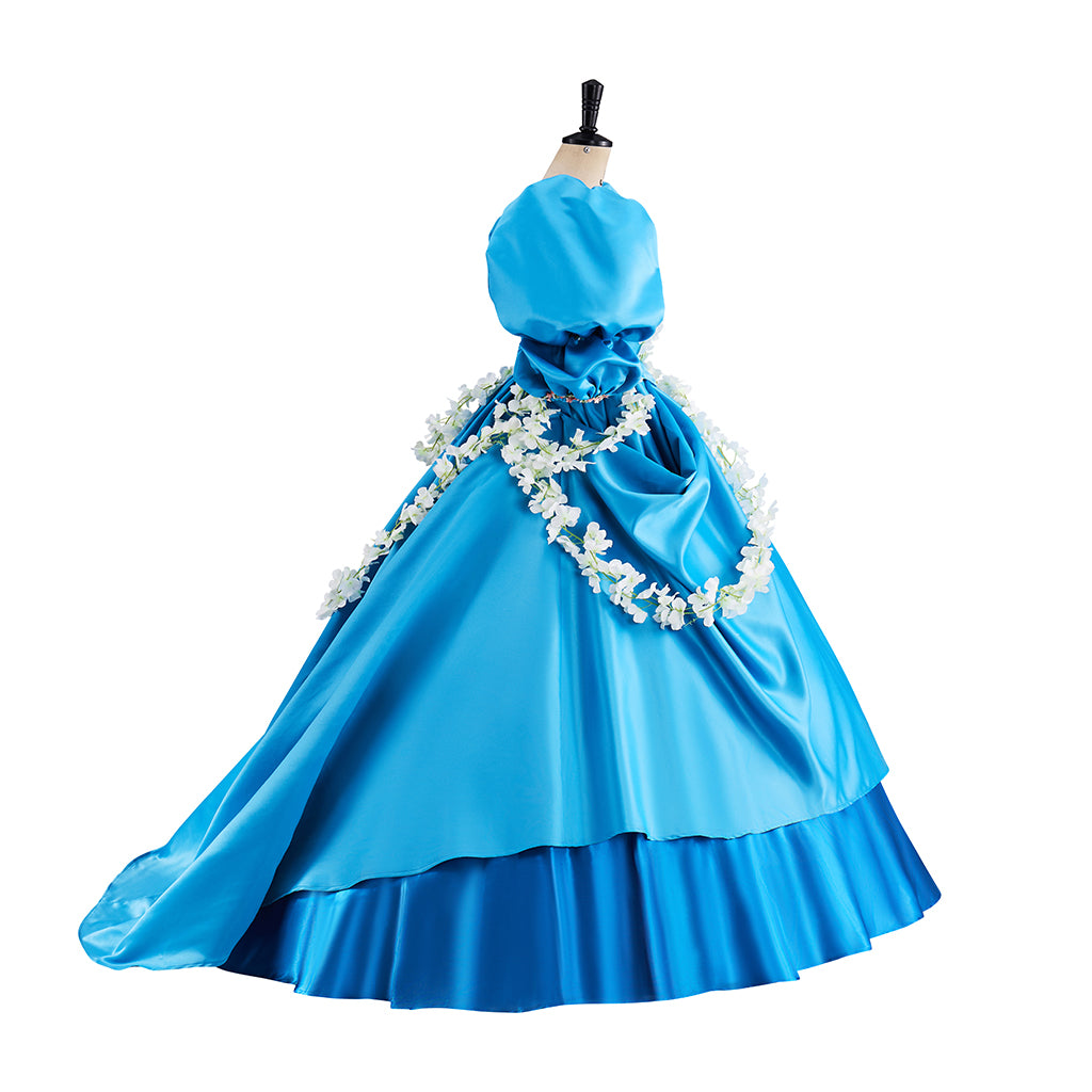 Rococo Light Blue Gown with Puff Sleeves Tiered Skirt and White Embellished Sash for Historical Reenactments Halloween Christmas