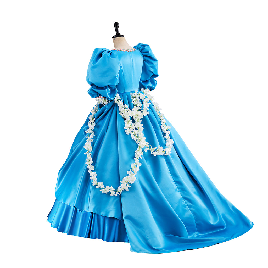 Rococo Light Blue Gown with Puff Sleeves Tiered Skirt and White Embellished Sash for Historical Reenactments Halloween Christmas