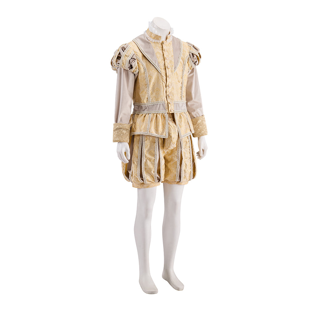 Renaissance Gold Embroidered Tunic Set with Beige Cloak and Matching Hat for Historical Reenactments Renaissance Themed Halloween Christmas