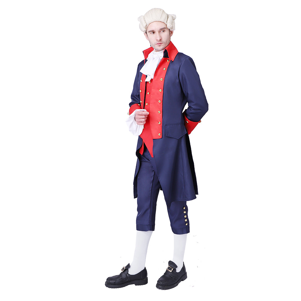 Medieval Military Officer Men's Navy Blue Coat with Red Trim Ornate Red Detailing and Buttons Costume for Historical Reenactments Cosplay Events or Halloween Christmas or Parties