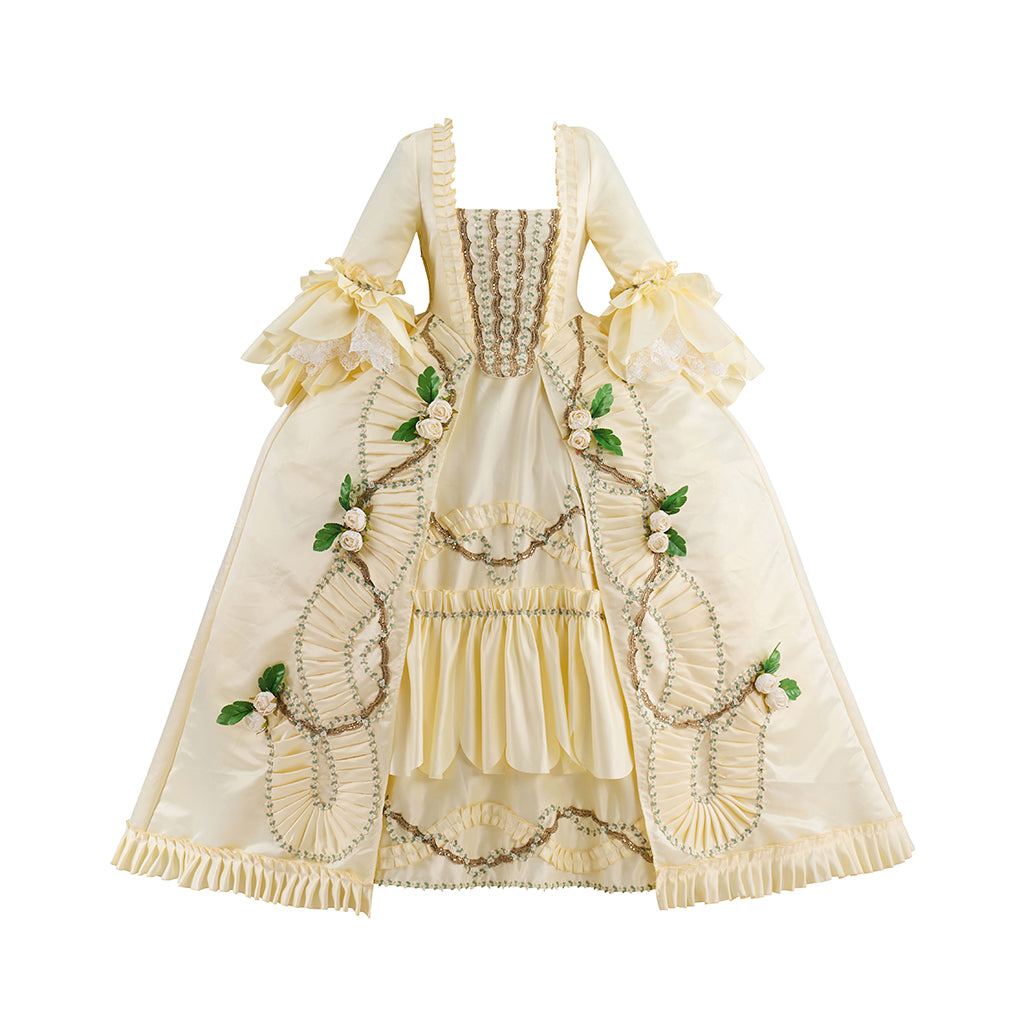 Rococo Cream Gown with Embroidered Green Floral Puff Sleeves and Matching Cloak for Historical Reenactments Rococo Halloween Christmas