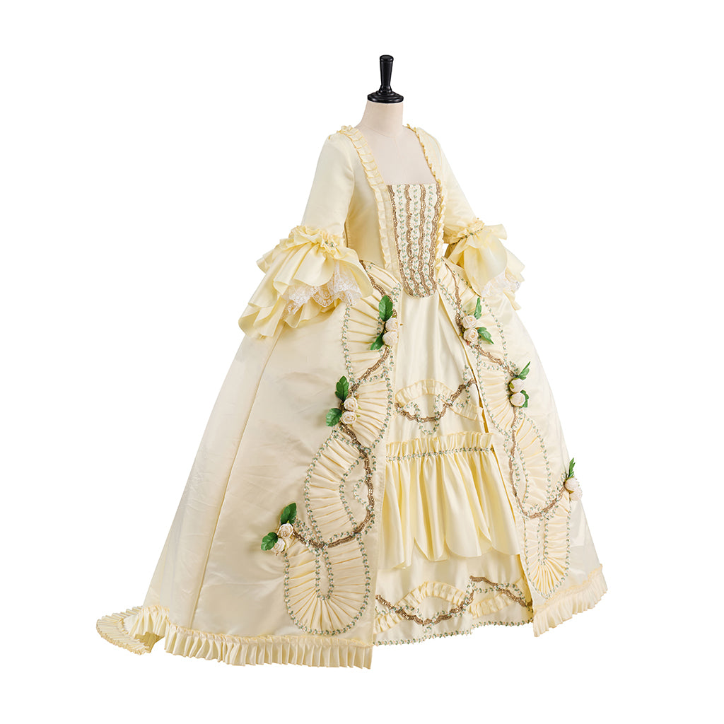 Rococo Cream Gown with Embroidered Green Floral Puff Sleeves and Matching Cloak for Historical Reenactments Rococo Halloween Christmas