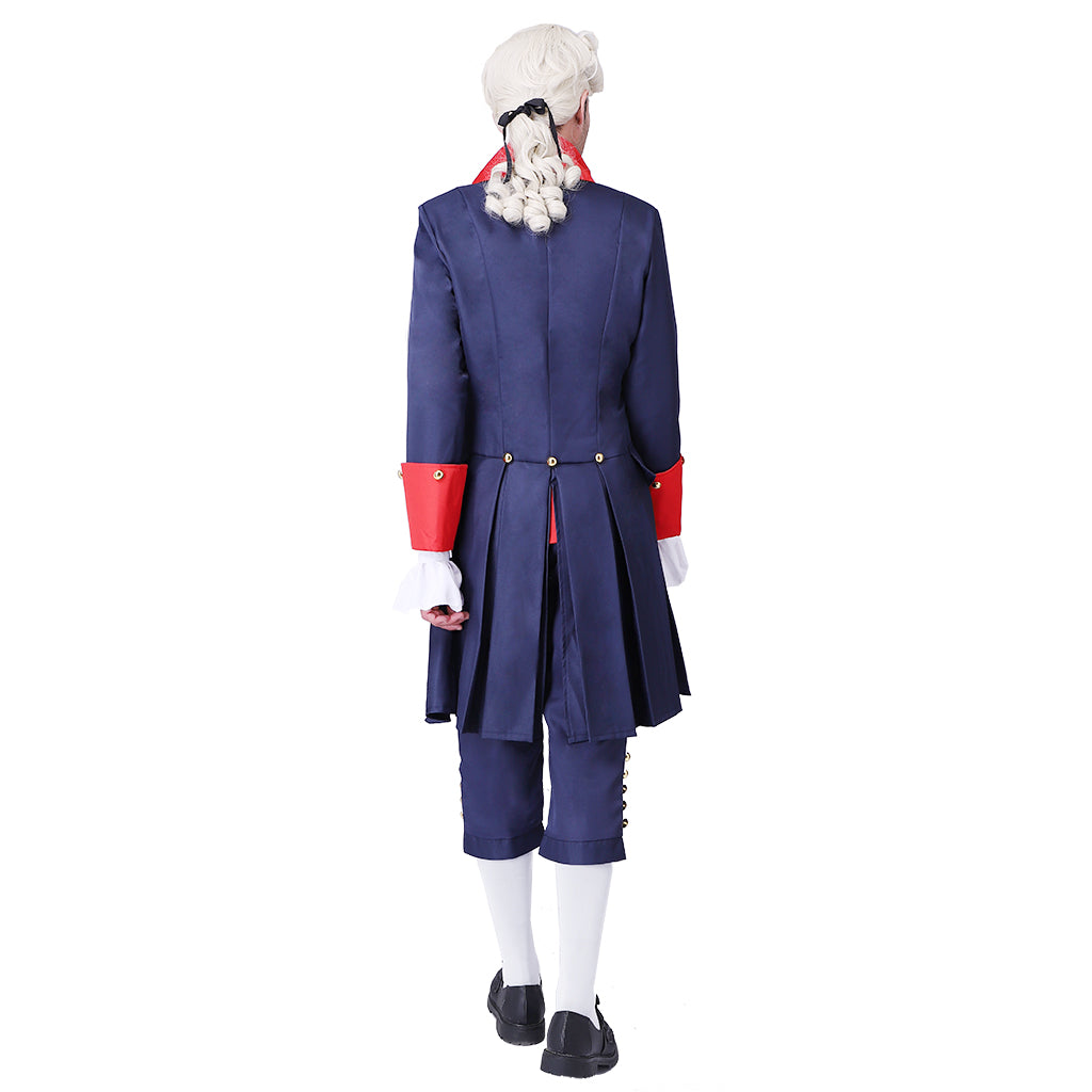 Medieval Military Officer Men's Navy Blue Coat with Red Trim Ornate Red Detailing and Buttons Costume for Historical Reenactments Cosplay Events or Halloween Christmas or Parties