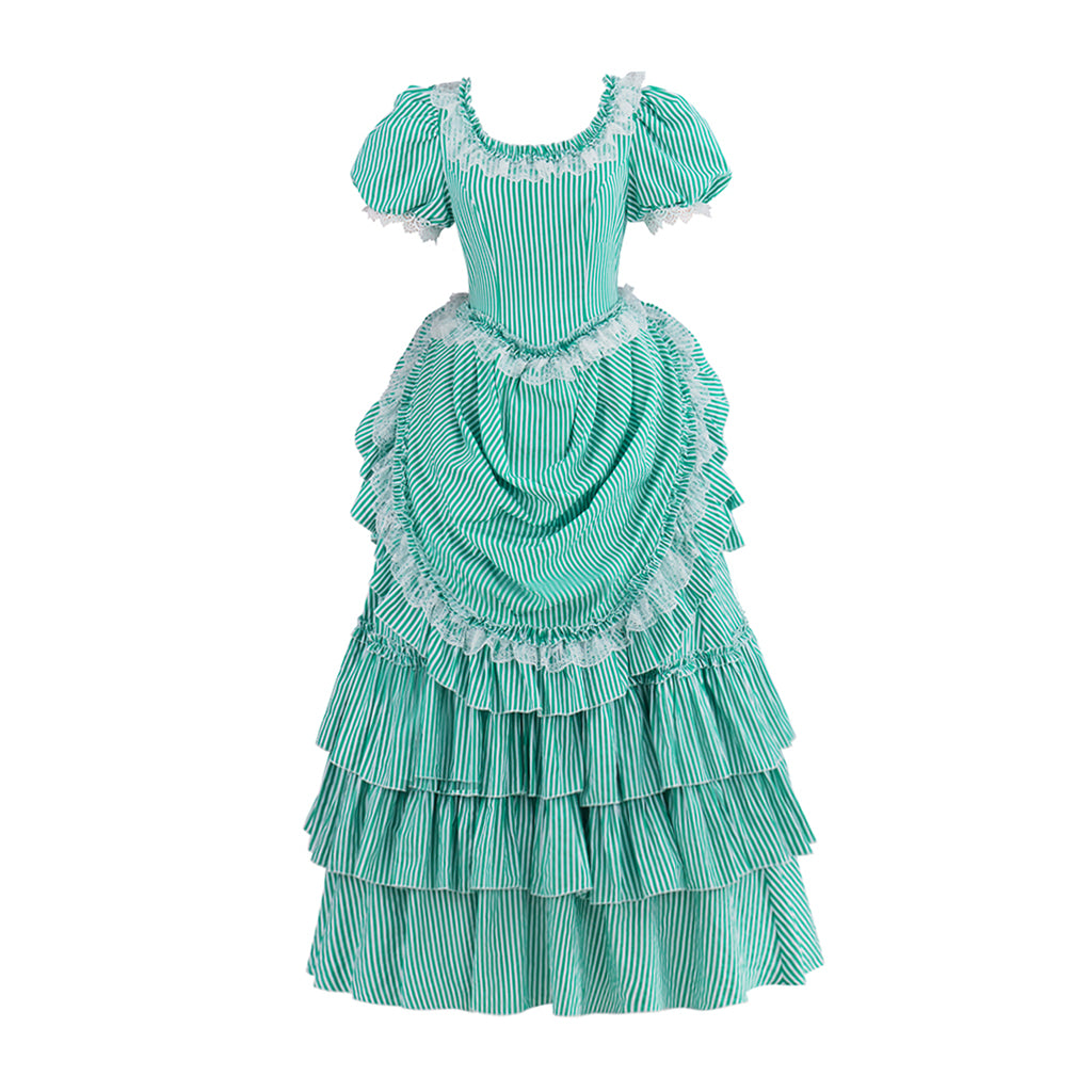 Victorian Aqua Square Neck Short Sleeve Layered Ruffled Gown for Historical Reenactments Victorian Themed Halloween Christmas