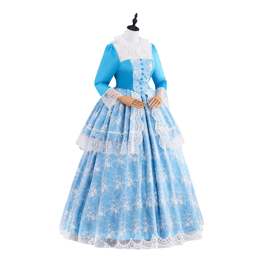 Colonial Blue and White Checkered Gown with White Lace Trims for Historical Reenactments Colonial Themed Halloween Christmas