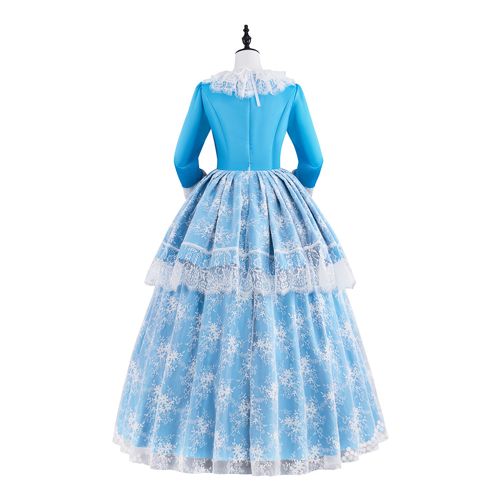 Colonial Blue and White Checkered Gown with White Lace Trims for Historical Reenactments Colonial Themed Halloween Christmas