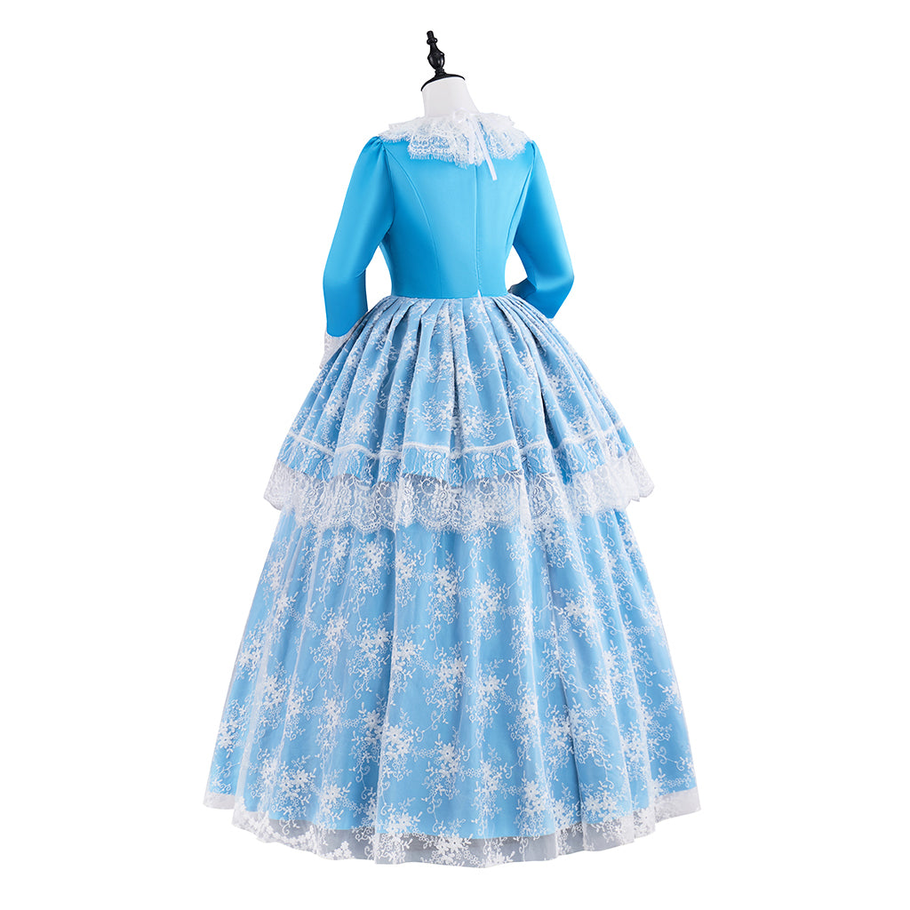 Colonial Blue and White Checkered Gown with White Lace Trims for Historical Reenactments Colonial Themed Halloween Christmas