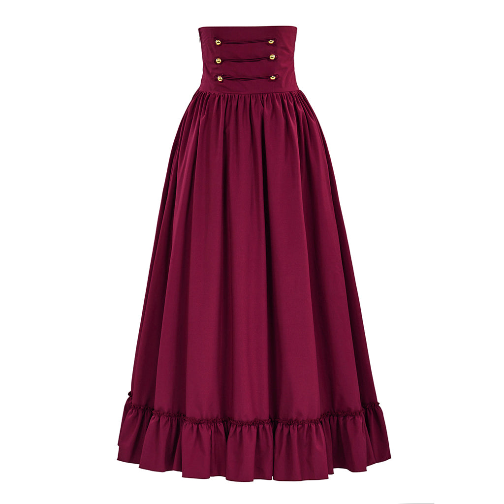 Medieval Style Burgundy High Waisted Skirt with Corset Style Waistband Golden Buttons for Historical Reenactments Cosplay Events Halloween Christmas