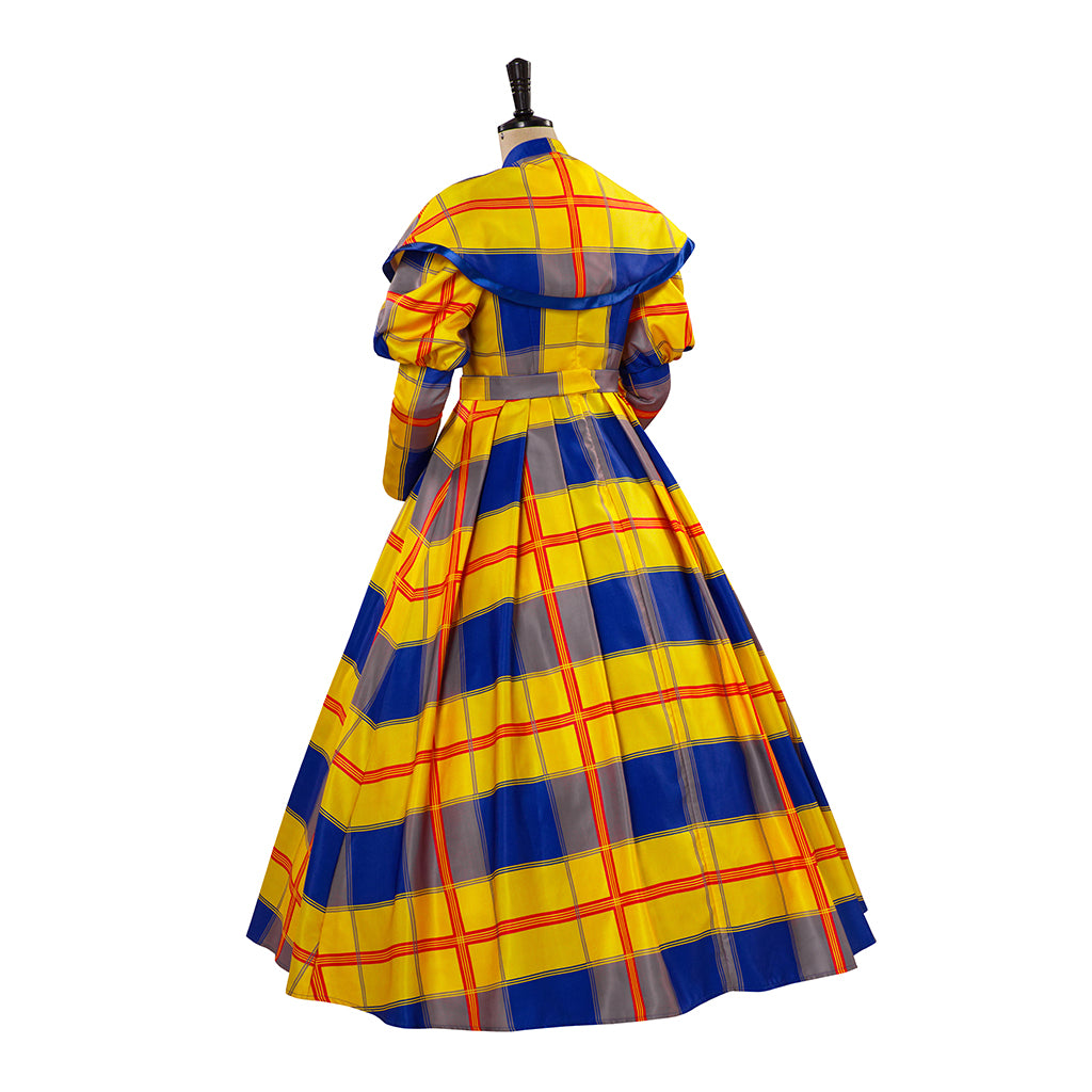 Medieval Style Yellow and Blue Plaid Patterned Ball Gown with Puffed Sleeves for Historical Reenactments Medieval Halloween Christmas