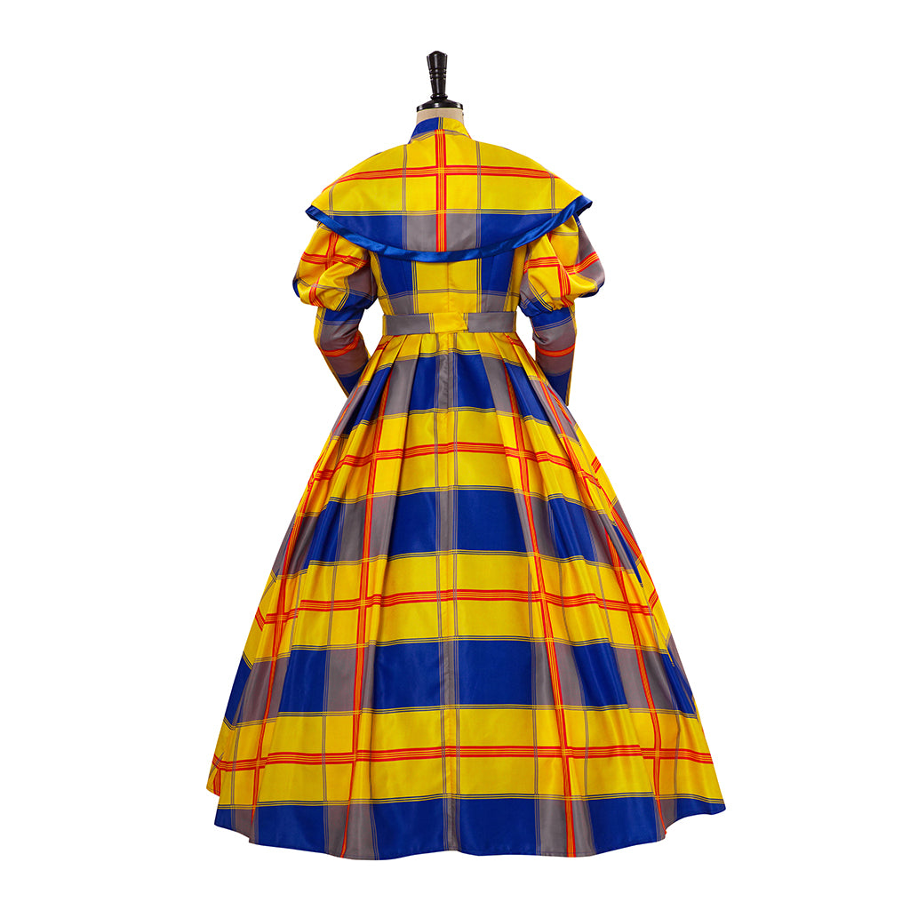 Medieval Style Yellow and Blue Plaid Patterned Ball Gown with Puffed Sleeves for Historical Reenactments Medieval Halloween Christmas