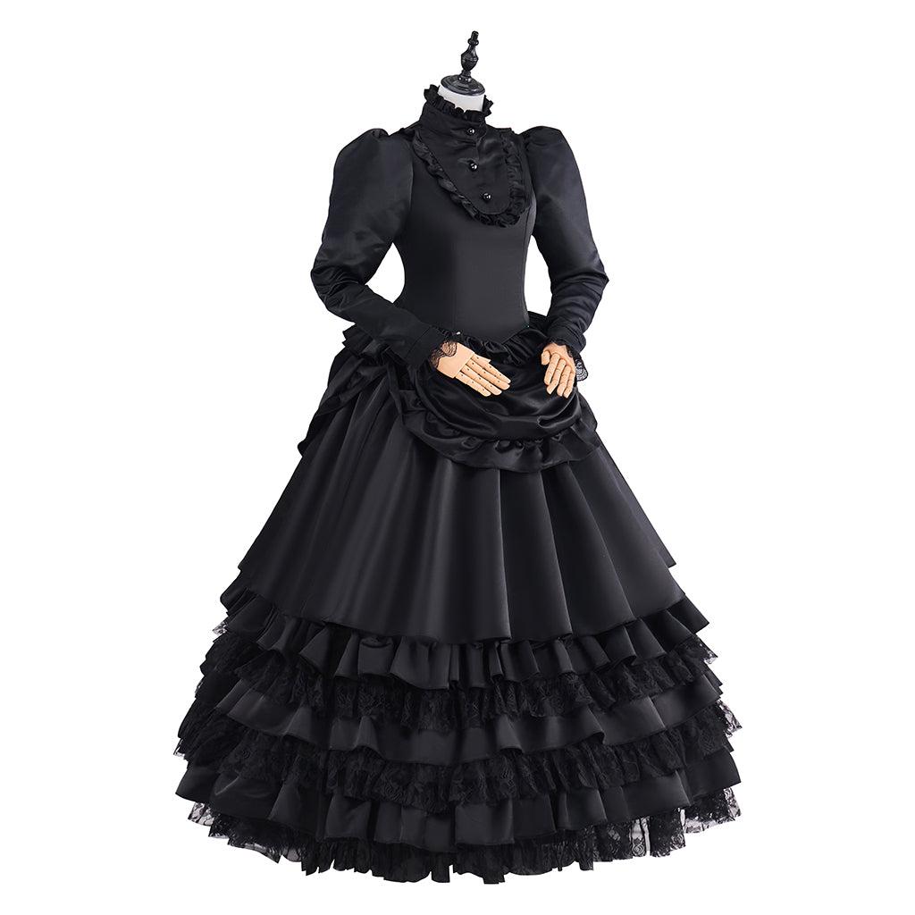 Victorian Black Velvet Gown with Long Sleeves and Tiered Ruffled Skirt for Historical Reenactments Victorian Themed Halloween Christmas