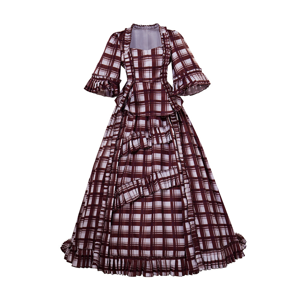 Medieval Style Red and White Plaid Gown with Square Neckline Short Puff Sleeves High Waist for Historical Reenactments Halloween or Christmas