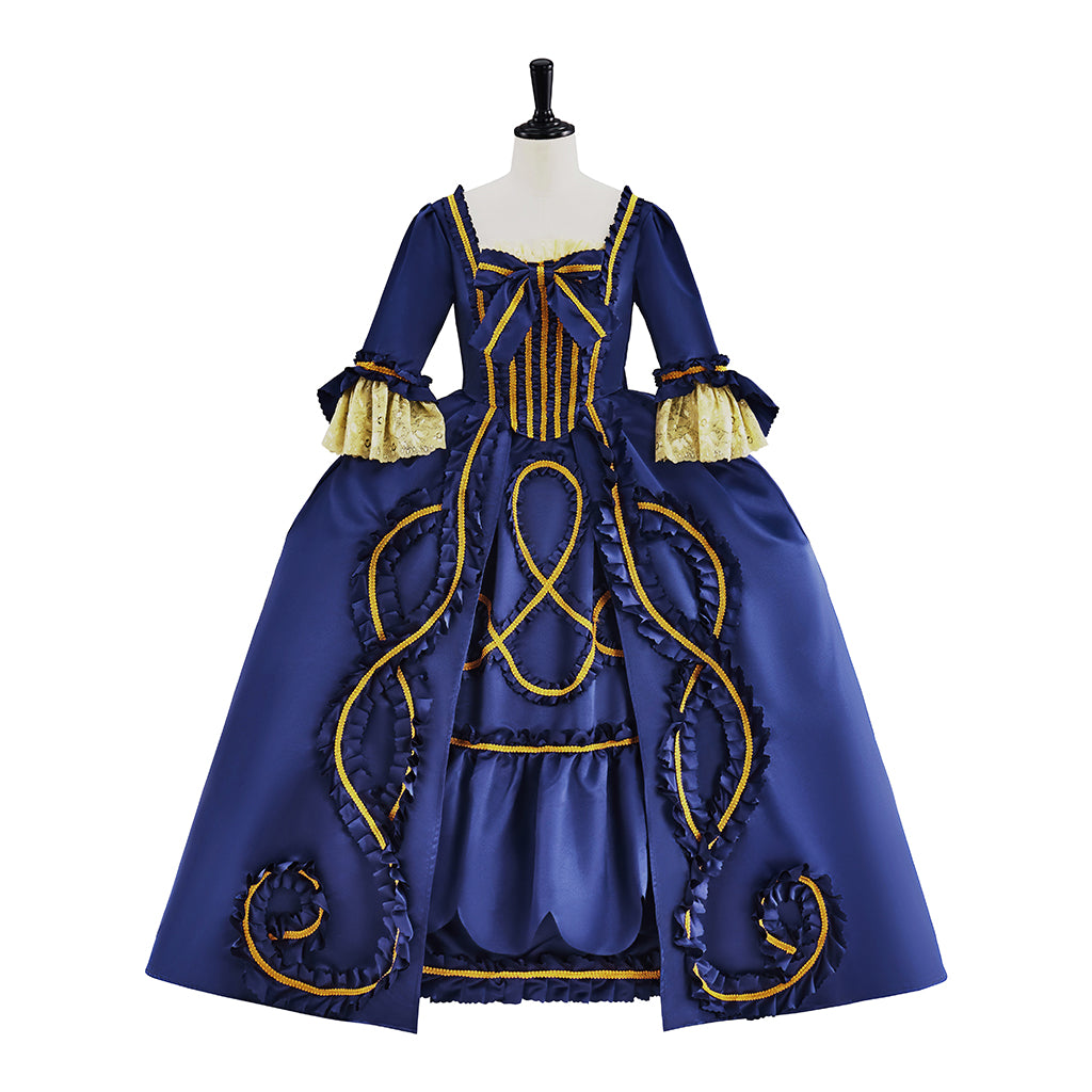 Medieval Blue Gown with Gold Embroidery Square Neckline and Long Sleeves for Historical Reenactments Halloween Christmas