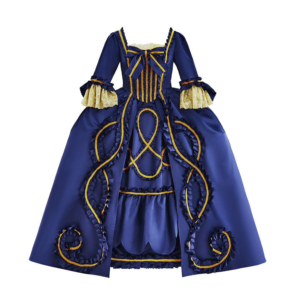 Medieval Blue Gown with Gold Embroidery Square Neckline and Long Sleeves for Historical Reenactments Halloween Christmas
