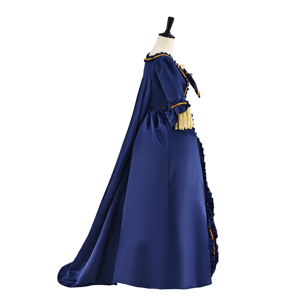 Medieval Blue Gown with Gold Embroidery Square Neckline and Long Sleeves for Historical Reenactments Halloween Christmas