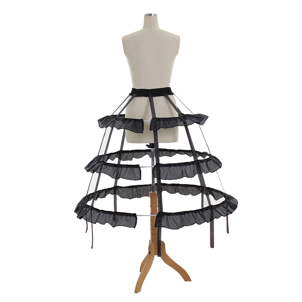 Women's Black Baroque Cage Hoop Skirt Pannier with Ruffled Edges, Victorian Crinoline Underskirt, Black Vintage Petticoat for Ball Dress, Cosplay, Princess Dress, Rococo Style