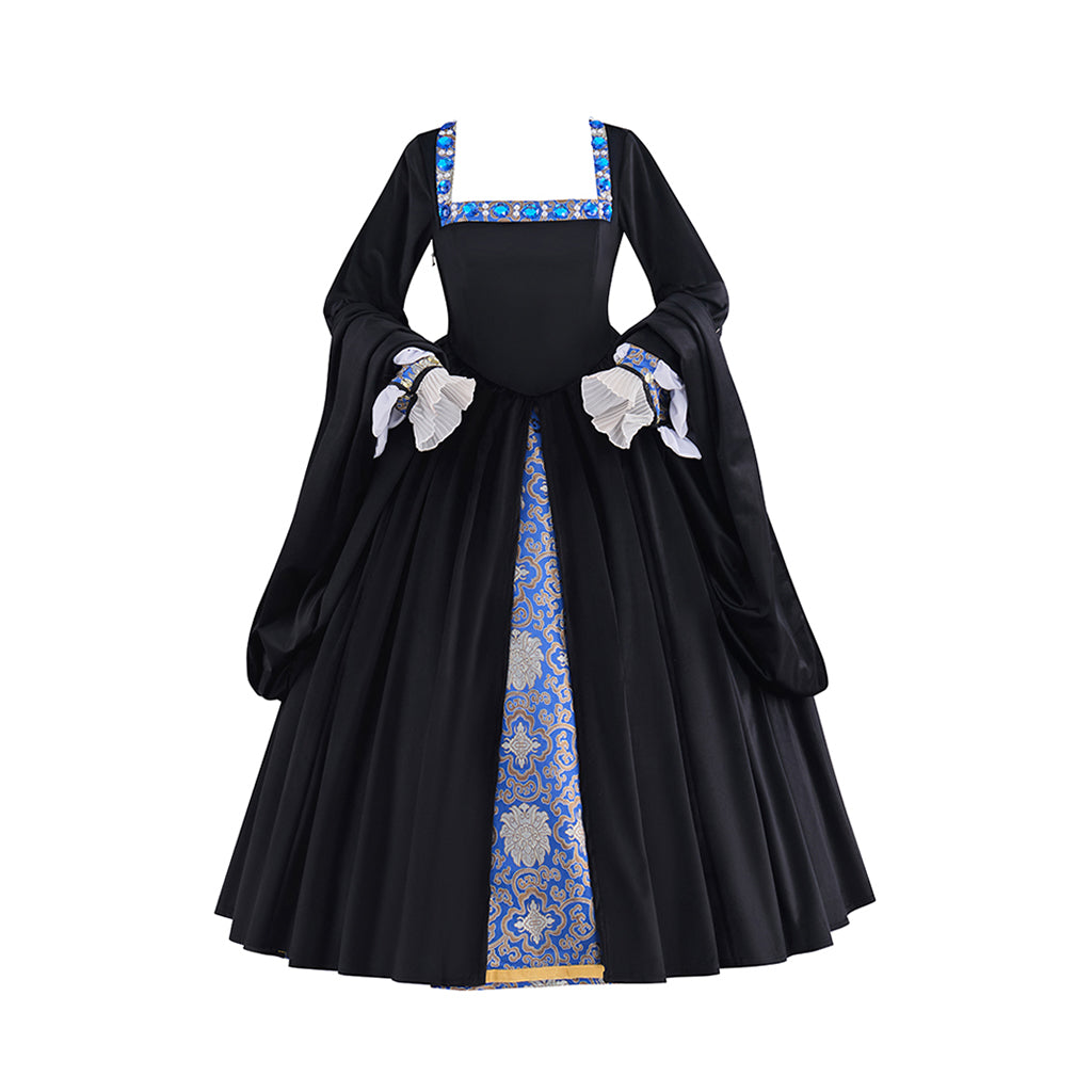 Medieval Colonial Black Gown with Layered Flared Skirt Structured Bodice Blue Trim for Historical Reenactments Halloween Christmas