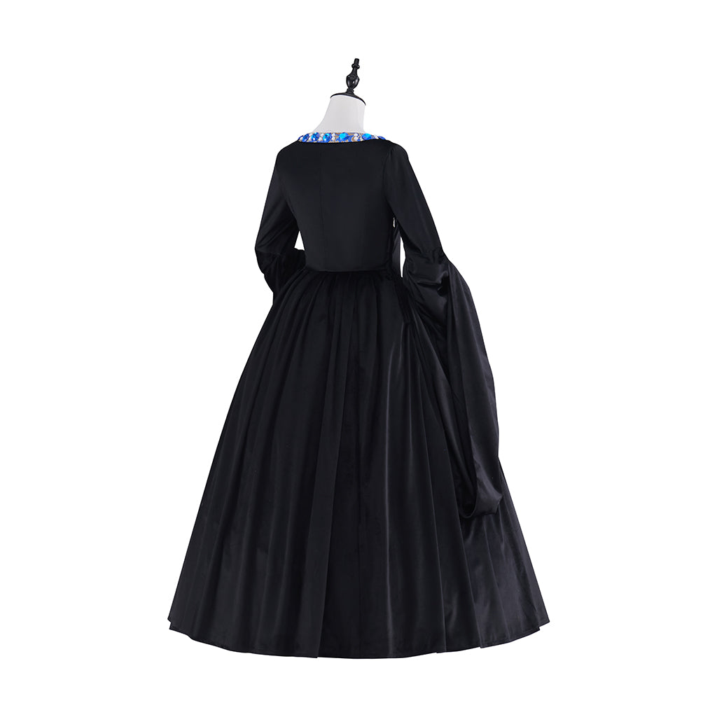 Medieval Colonial Black Gown with Layered Flared Skirt Structured Bodice Blue Trim for Historical Reenactments Halloween Christmas