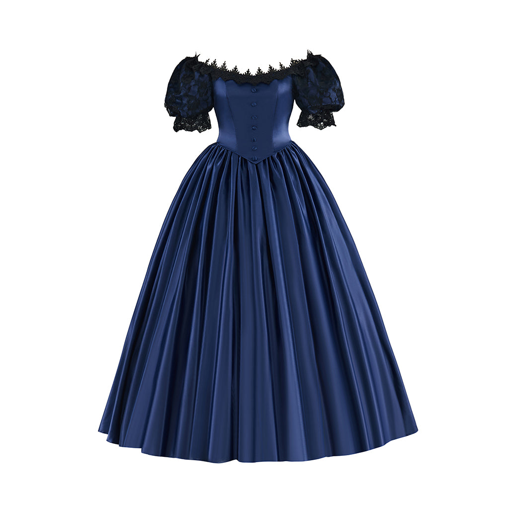 Victorian Red Satin Gown with Off Shoulder Neckline Black Ruffled Trim for Historical Reenactments Victorian Themed Halloween Christmas