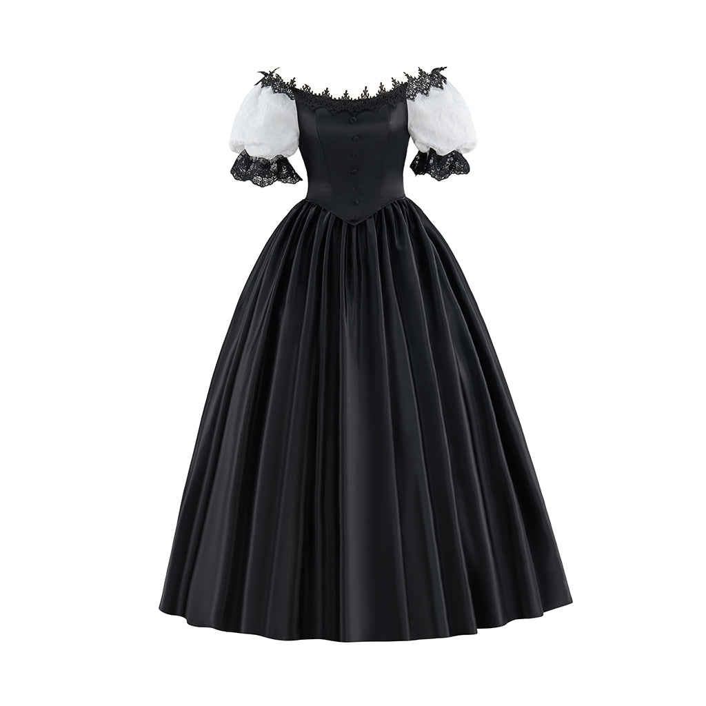 Victorian Red Satin Gown with Off Shoulder Neckline Black Ruffled Trim for Historical Reenactments Victorian Themed Halloween Christmas