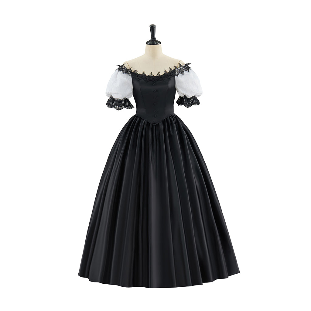 Victorian Red Satin Gown with Off Shoulder Neckline Black Ruffled Trim for Historical Reenactments Victorian Themed Halloween Christmas