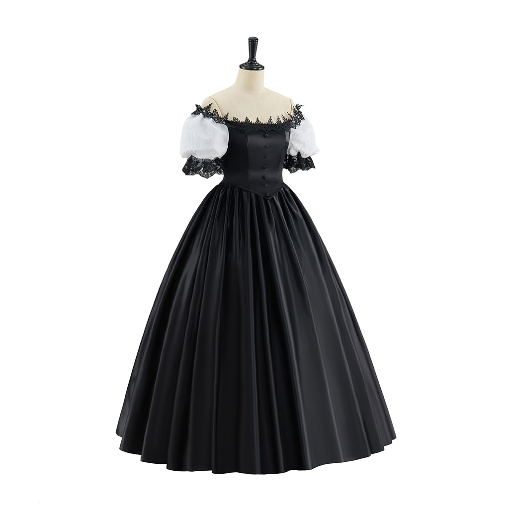 Victorian Red Satin Gown with Off Shoulder Neckline Black Ruffled Trim for Historical Reenactments Victorian Themed Halloween Christmas