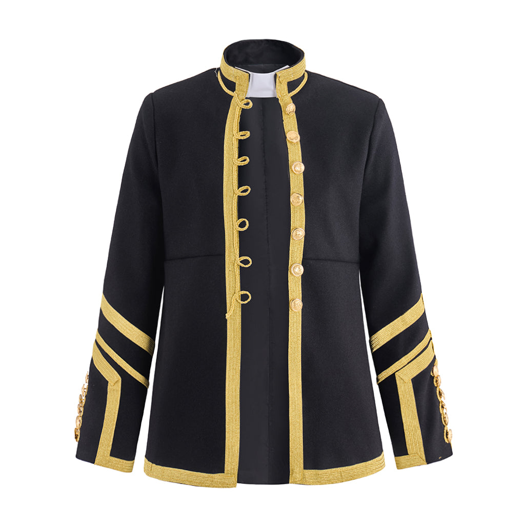 Medieval Military Inspired Black Coat with Gold Trim Button Front Closure Striped Cuffs for Historical Reenactments Medieval Halloween Christmas