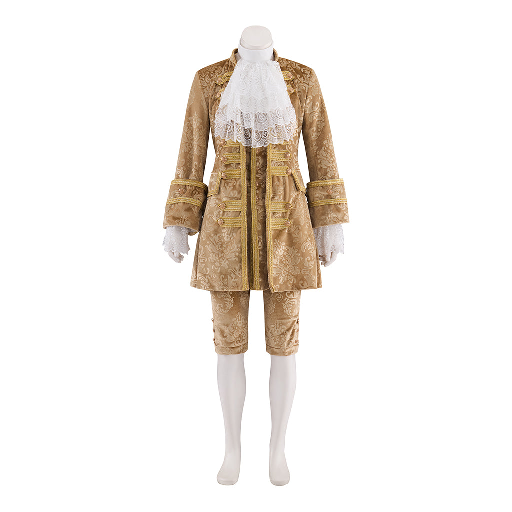 Baroque Style Gold Embroidered Court Ensemble with White Ruffled Jabot Ornate Coat and Breeches for Historical Reenactments Halloween Christmas