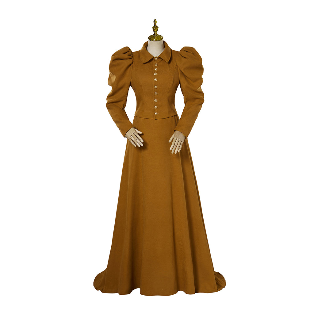 Victorian Style Tawny Brown Gown with Puff Sleeves for Historical Reenactments Cosplay Events Victorian Themed Gatherings Halloween Christmas