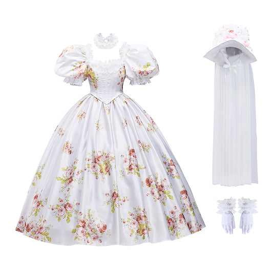 Rococo Style White Floral Print Gown with Puff Sleeves Matching Headpiece for Historical Reenactments Halloween Christmas