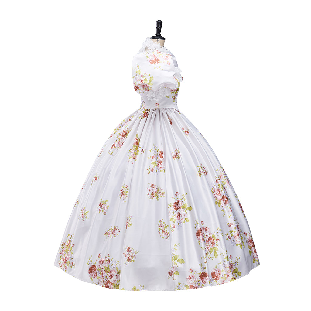 Rococo Style White Floral Print Gown with Puff Sleeves Matching Headpiece for Historical Reenactments Halloween Christmas