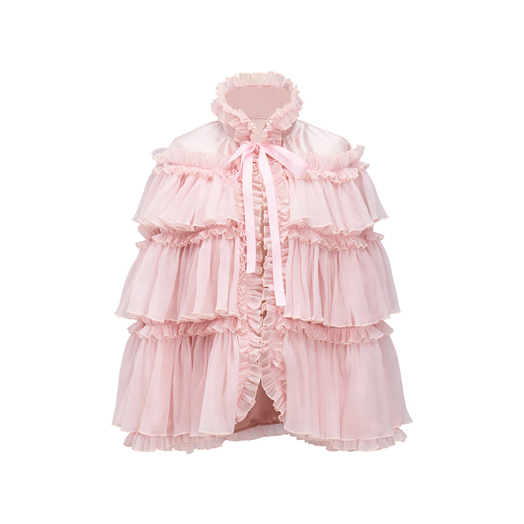 Rococo Style Blush Pink Tiered Ruffled Tulle Cloak with Bow Accent for Historical Reenactments Theatrical Performances Halloween and Christmas