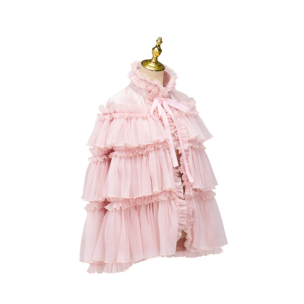 Rococo Style Blush Pink Tiered Ruffled Tulle Cloak with Bow Accent for Historical Reenactments Theatrical Performances Halloween and Christmas