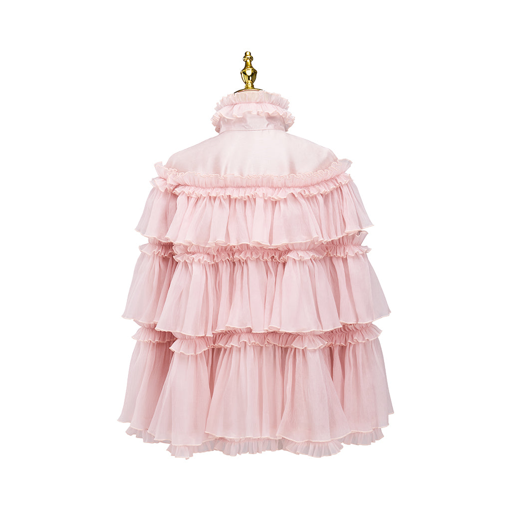 Rococo Style Blush Pink Tiered Ruffled Tulle Cloak with Bow Accent for Historical Reenactments Theatrical Performances Halloween and Christmas