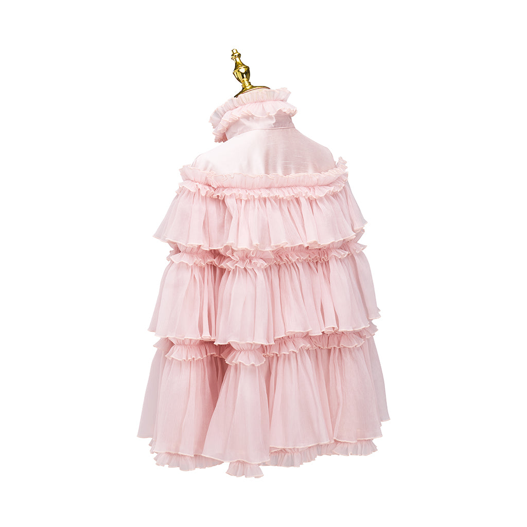 Rococo Style Blush Pink Tiered Ruffled Tulle Cloak with Bow Accent for Historical Reenactments Theatrical Performances Halloween and Christmas