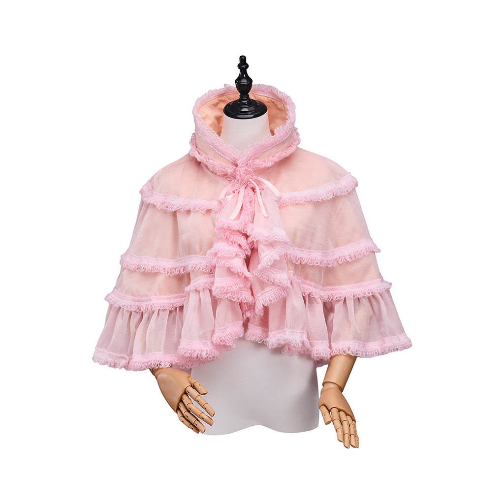 Rococo Style Blush Pink Tiered Ruffled Tulle Cloak with Bow Accent for Historical Reenactments Theatrical Halloween and Christmas Celebrations