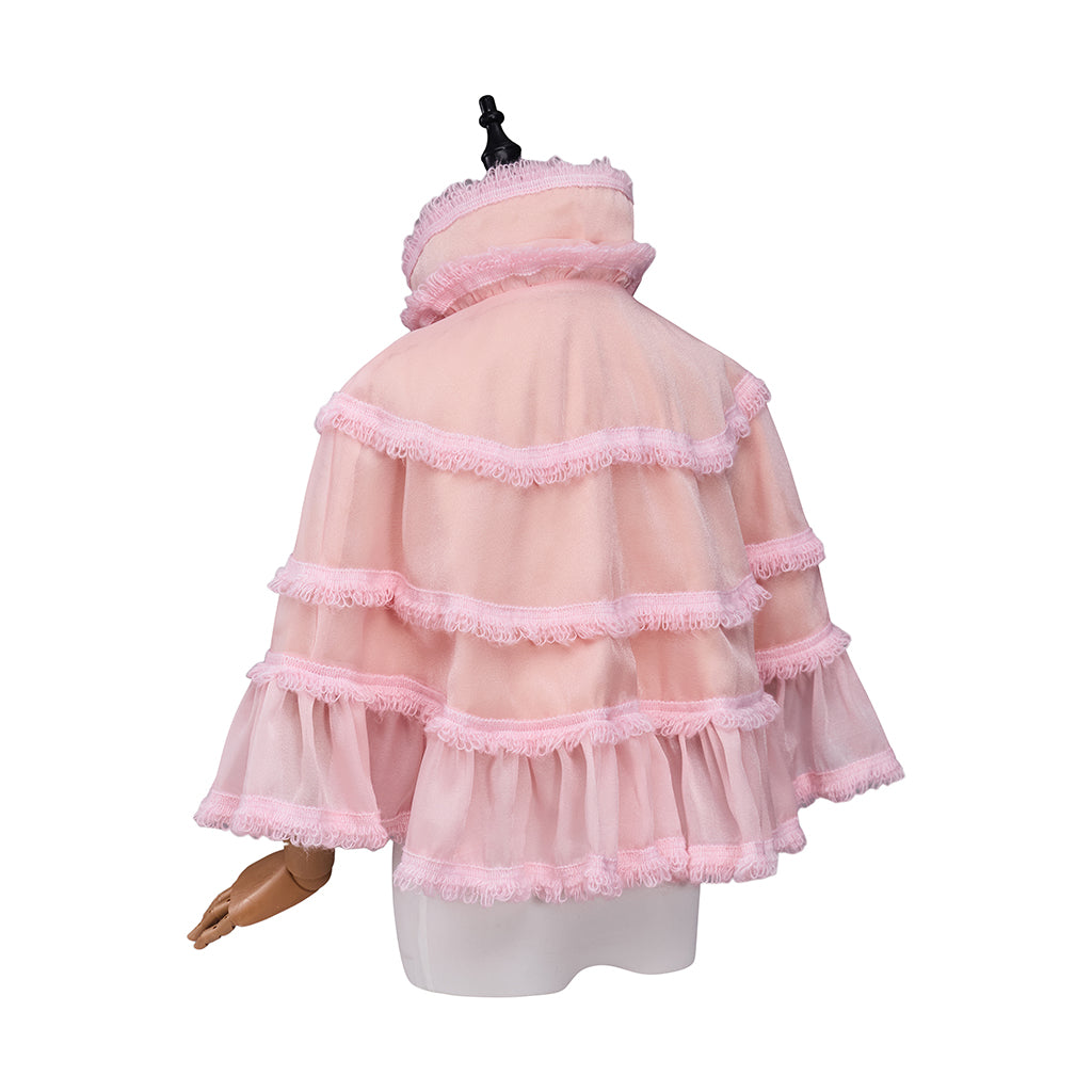 Rococo Style Blush Pink Tiered Ruffled Tulle Cloak with Bow Accent for Historical Reenactments Theatrical Halloween and Christmas Celebrations