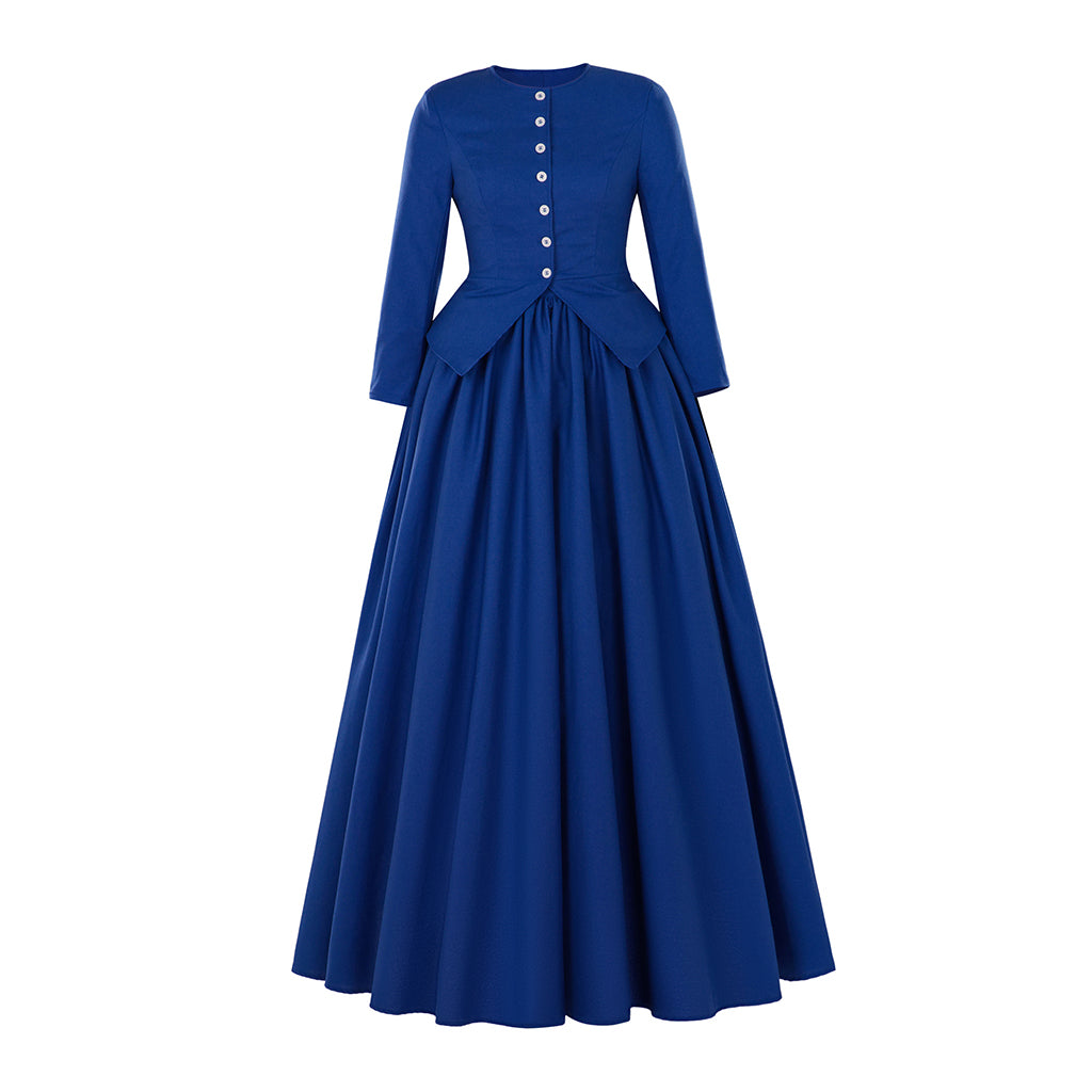 Medieval Style Royal Blue Gown with Long Sleeves Buttoned Back Fitted Waist and Full Skirt for Historical Reenactments Halloween or Christmas
