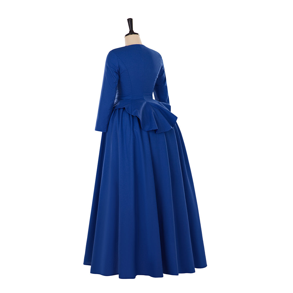 Medieval Style Royal Blue Gown with Long Sleeves Buttoned Back Fitted Waist and Full Skirt for Historical Reenactments Halloween or Christmas