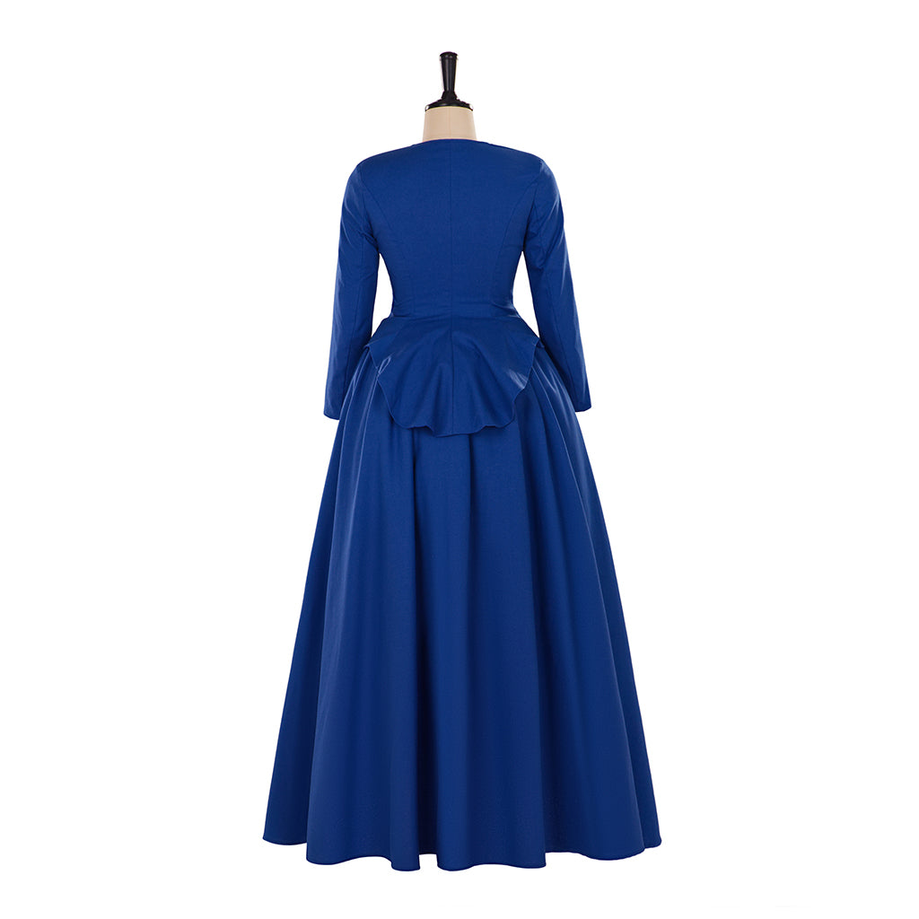Medieval Style Royal Blue Gown with Long Sleeves Buttoned Back Fitted Waist and Full Skirt for Historical Reenactments Halloween or Christmas