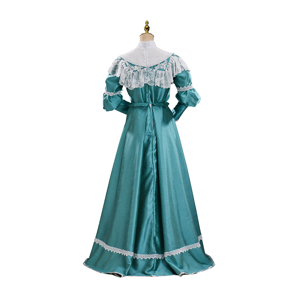 Victorian Teal Satin Gown with Lace Trimmed Neckline Lace Cuffed Sleeves for Victorian Themed Events Halloween and Christmas Celebrations