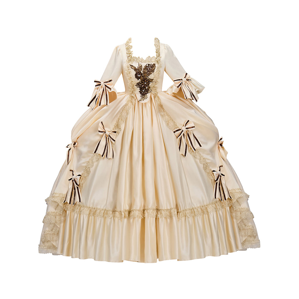 Rococo Style Beige Satin Gown with Puff Sleeves Bow Embellishments Layered Flared Skirt for Historical Reenactments Royal Court Halloween Christmas