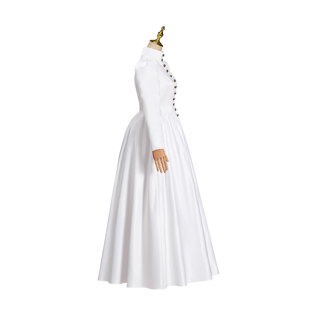Victorian Style White Satin Gown with Long Sleeves Back Button Closure and Fitted Floor Length Skirt for Historical Halloween Christmas