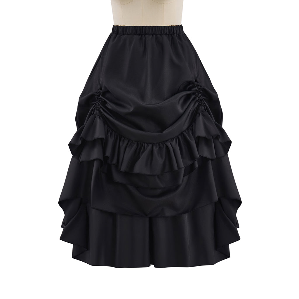 Victorian Style Black Satin Layered Ruffled Bustle Skirt for Historical Reenactments Royal Court Themed Gatherings Halloween Christmas