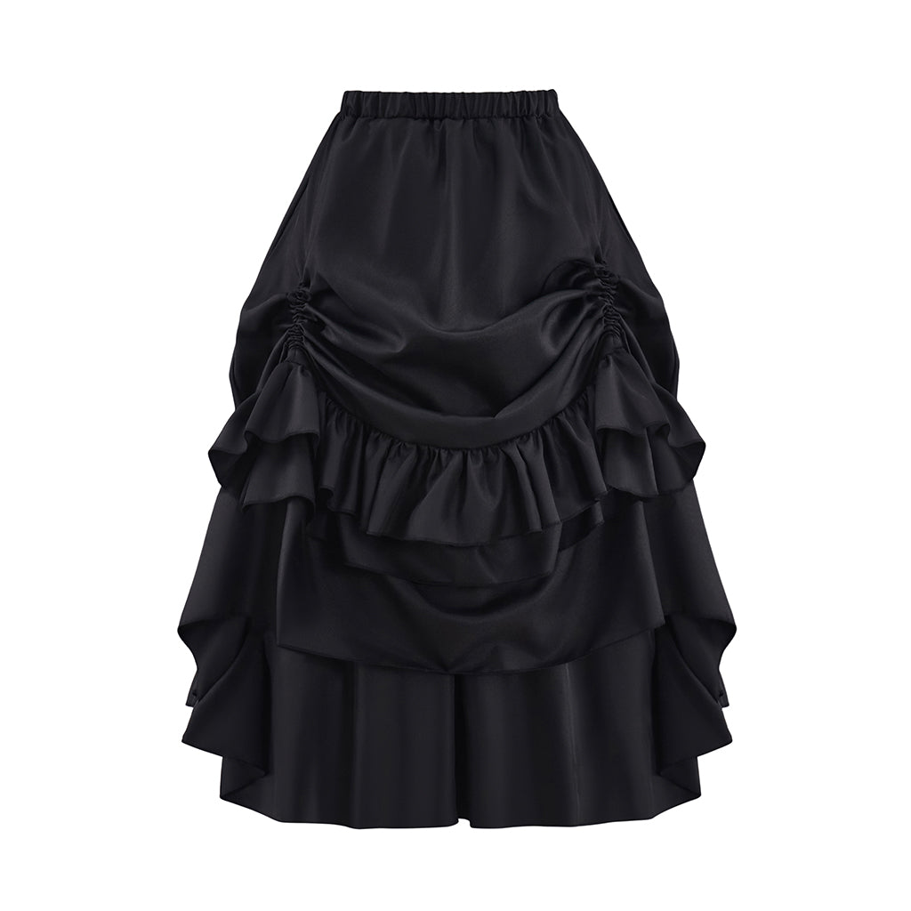 Victorian Style Black Satin Layered Ruffled Bustle Skirt for Historical Reenactments Royal Court Themed Gatherings Halloween Christmas