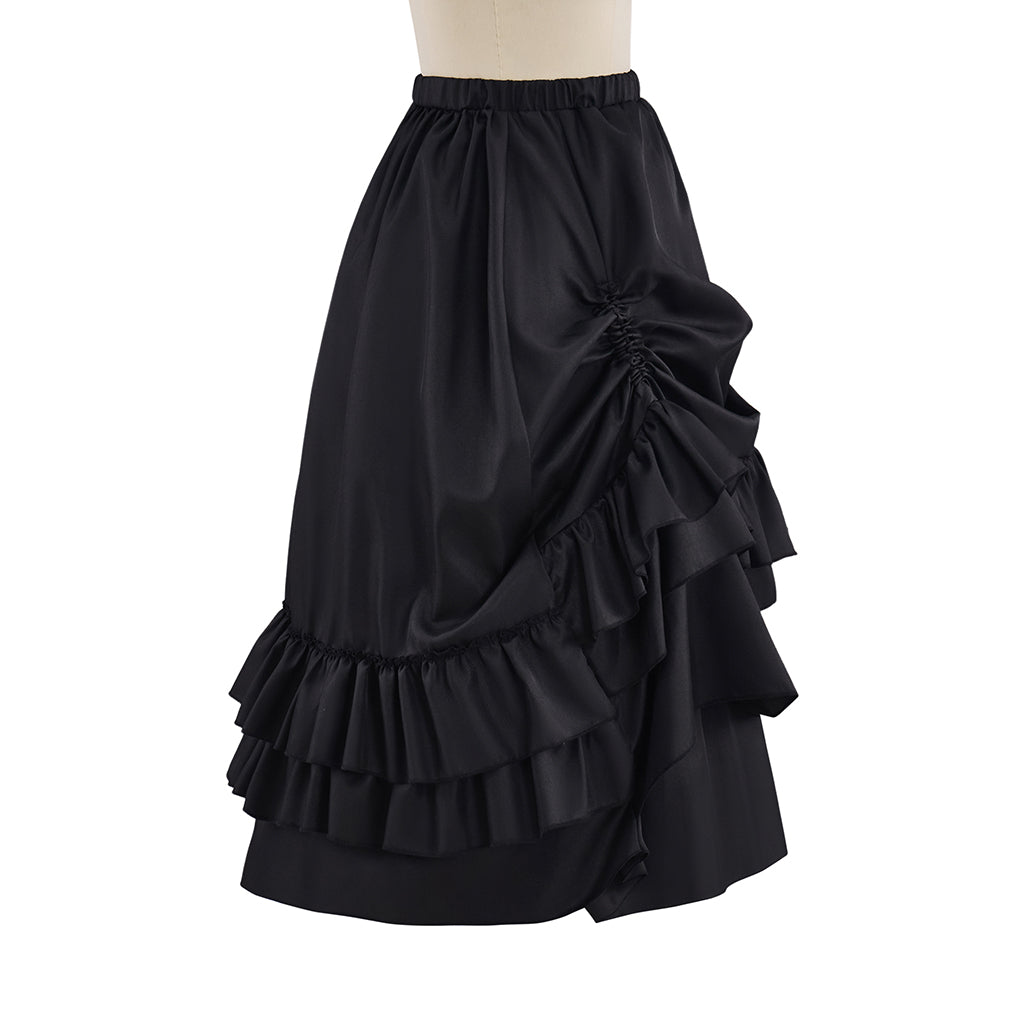 Victorian Style Black Satin Layered Ruffled Bustle Skirt for Historical Reenactments Royal Court Themed Gatherings Halloween Christmas