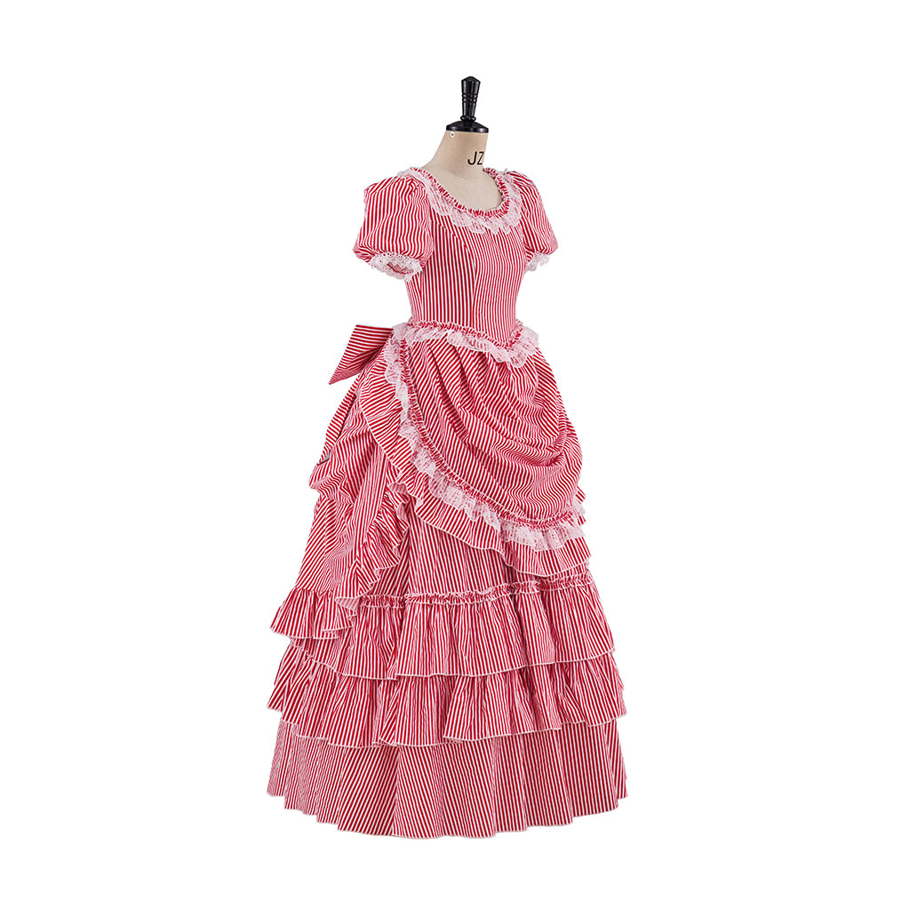 Renaissance Blush Pink Puff Sleeved Tiered Ruffled Satin Gown for Historical Reenactments Theatrical Performances Halloween Celebrations