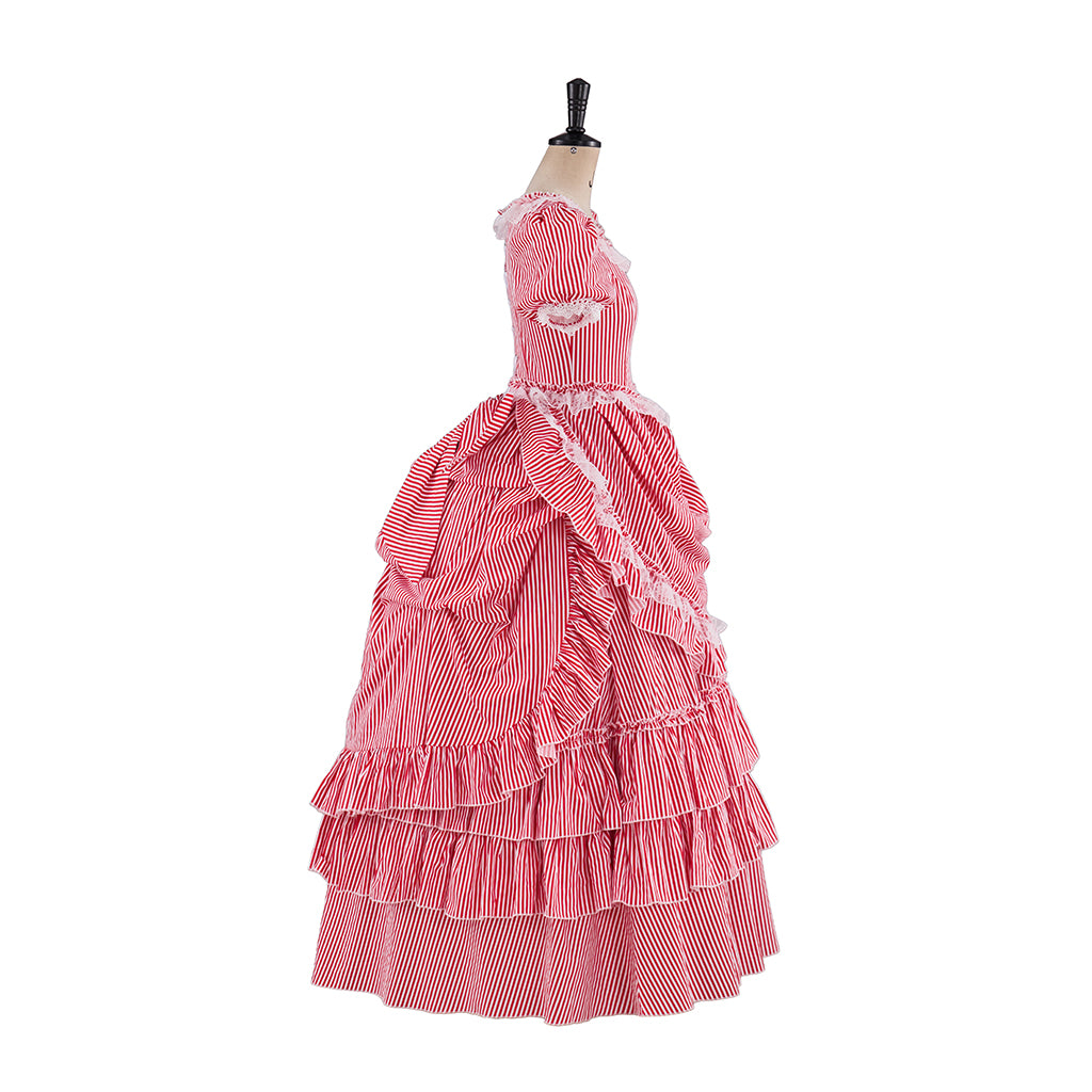 Renaissance Blush Pink Puff Sleeved Tiered Ruffled Satin Gown for Historical Reenactments Theatrical Performances Halloween Celebrations