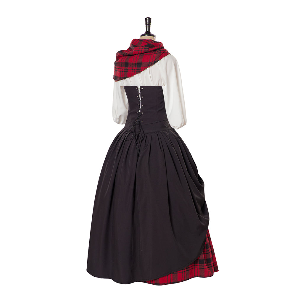 Victorian Style Black Gown with Red Accents and Plaid Skirt Including Matching Scarf for Historical Reenactments Halloween Christmas